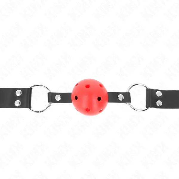 Atmungsaktiver Ball 4 cm Knebel mit Doppelniet Rot 62,5 X 2,5 cm Verstellbar 42-58 cm von Kink Collar & Gag | Fesselliebe.de