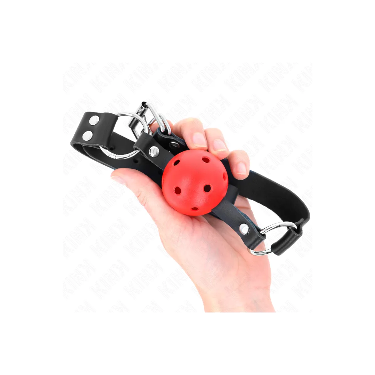 Atmungsaktiver Ball 4 cm Knebel mit Doppelniet Rot 62,5 X 2,5 cm Verstellbar 42-58 cm von Kink Collar & Gag | Fesselliebe.de