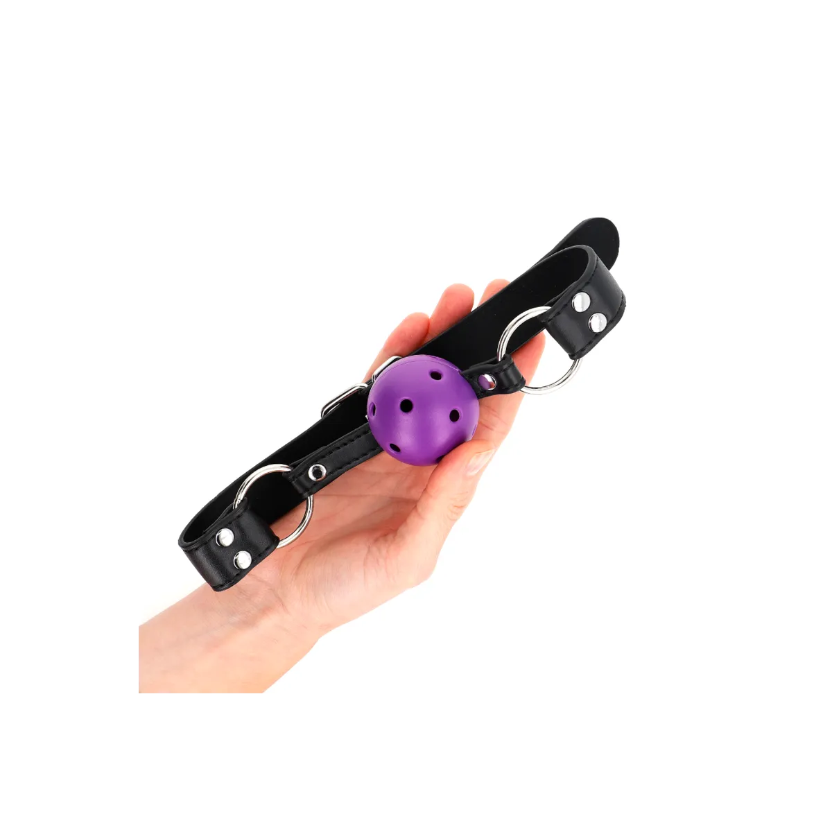 Atmungsaktiver Ball 4 cm Knebel mit Doppelniet Lila 62,5 X 2,5 cm Verstellbar 42-58 cm von Kink Collar & Gag | Fesselliebe.de