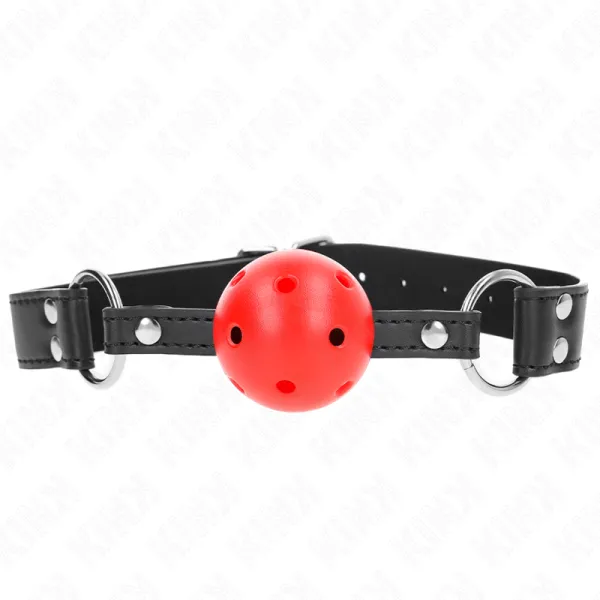 Atmungsaktiver Ball 4 cm Knebel mit Doppelniet Leder 62,5 X 2,5 cm Verstellbar 42-58 cm von Kink Collar & Gag | Fesselliebe.de
