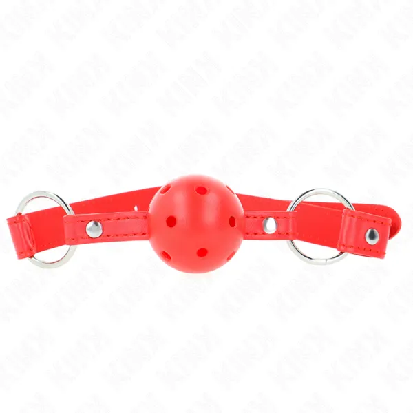 Atmungsaktiver Ball 4 cm Knebel mit Doppelniet Modell 1 Rot 62,5 X 2,5 cm Verstellbar 42-58 cm von Kink Collar & Gag | Fesselliebe.de