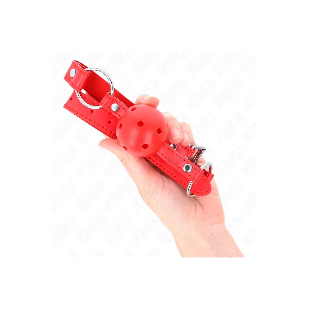 Atmungsaktiver Ball 4 cm Knebel mit Doppelniet Modell 1 Rot 62,5 X 2,5 cm Verstellbar 42-58 cm von Kink Collar & Gag | Fesselliebe.de