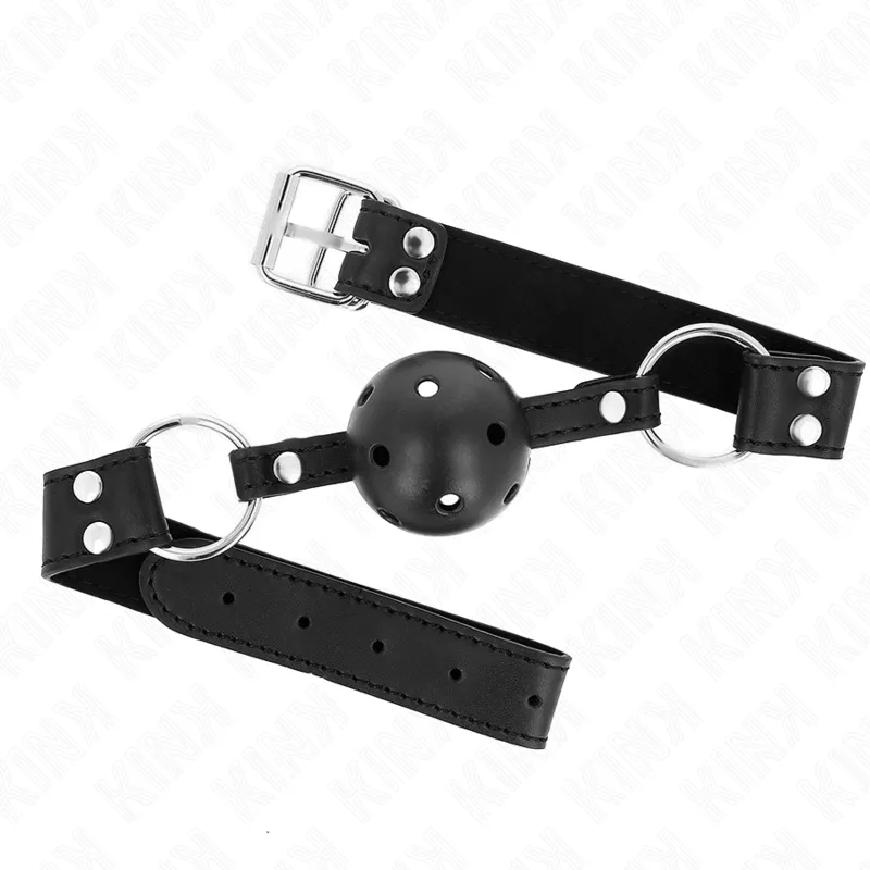 Atmungsaktiver Ball 4 cm Knebel mit Doppelniet Modell 1 Schwarz 62,5 X 2,5 cm 42-58 cm von Kink Collar & Gag | Fesselliebe.de