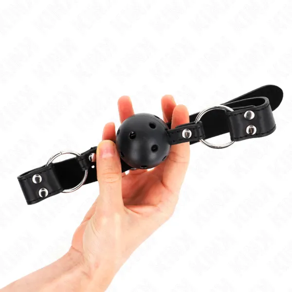 Atmungsaktiver Ball 4 cm Knebel mit Doppelniet Modell 1 Schwarz 62,5 X 2,5 cm 42-58 cm von Kink Collar & Gag | Fesselliebe.de