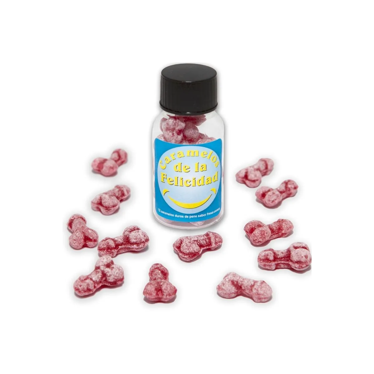 Glas mit 12 Erdbeer-/Kirsch-Bonbons In Penisform von Diablo Picante | Fesselliebe.de