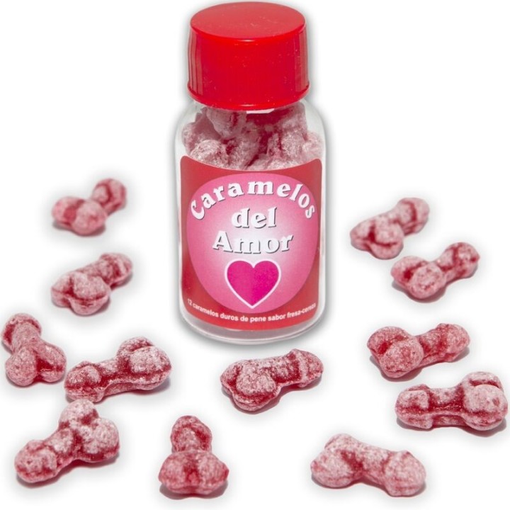12 Penisförmige Liebesbonbons Erdbeere/Kirsche von Diablo Picante | Fesselliebe.de