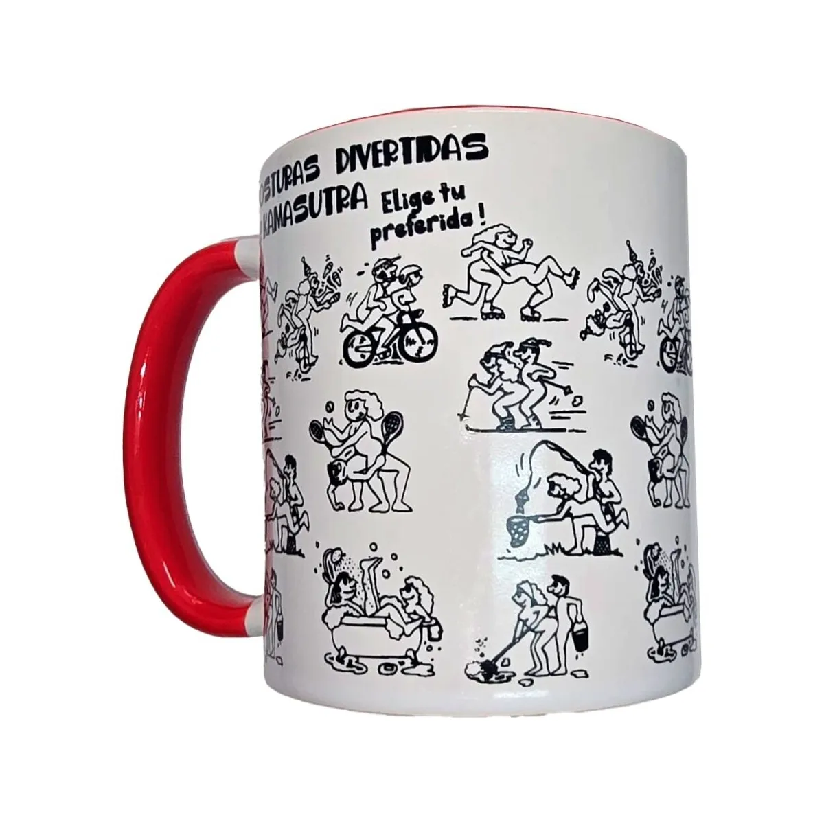 Weisser Becher mit Kamasutra-Stellungen und Rotem Henkel 370 ml von Diablo Picante | Fesselliebe.de