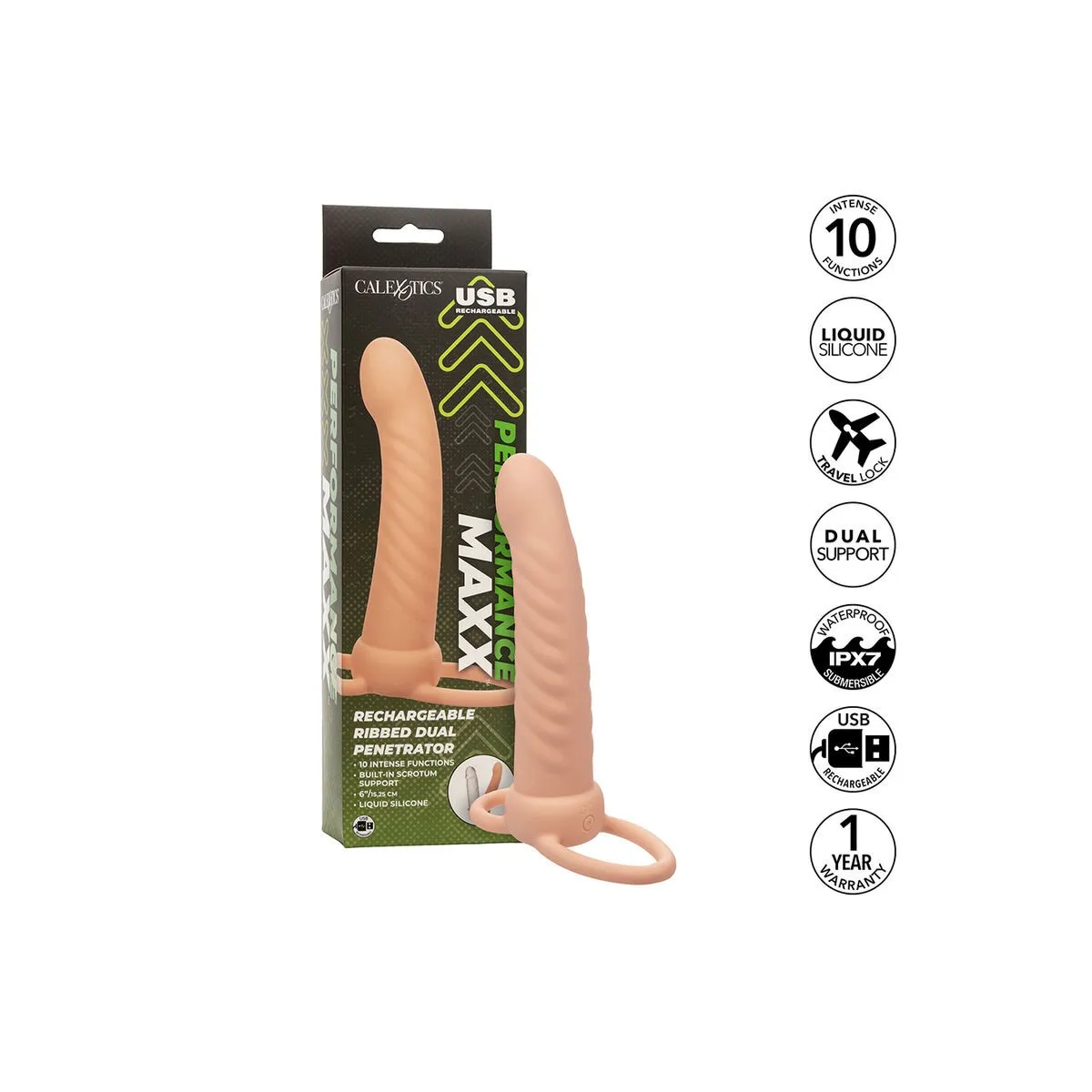 Maxx Ribbed Dual Penetrator 10 Vibrationen Fleisch von Calexotics | Fesselliebe.de