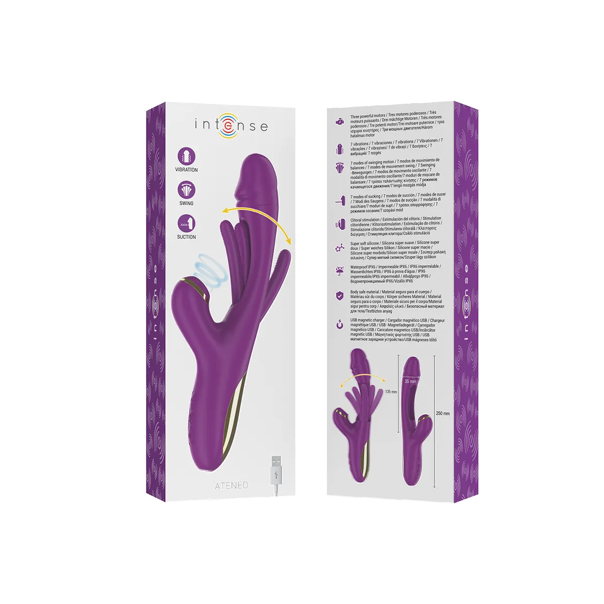 Ateneo wiederaufladbarer Multifunktionsvibrator 7 Vibrationen mit Oszillierender Zunge und Lila Saugrohr von Intense Fun | Fesselliebe.de