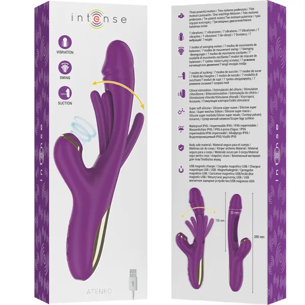 Ateneo wiederaufladbarer Multifunktionsvibrator 7 Vibrationen mit Oszillierender Zunge und Lila Saugrohr von Intense Fun | Fesselliebe.de