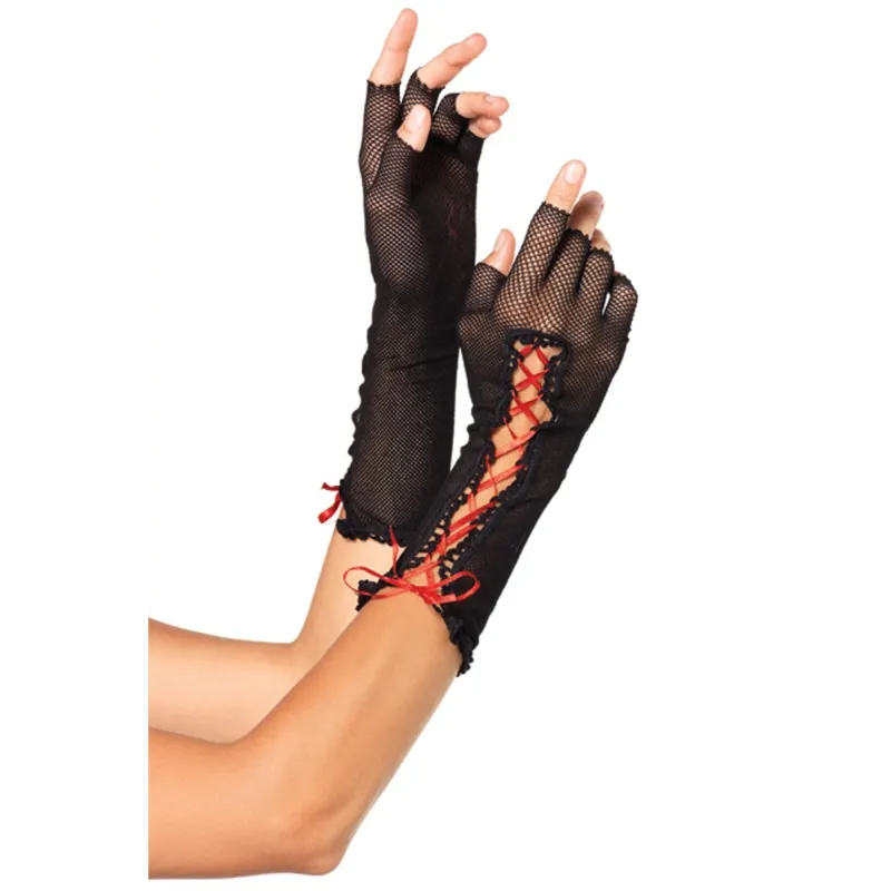 Schwarze halblange fingerlose Netzhandschuhe mit Schnürung von Leg Avenue | Fesselliebe.de