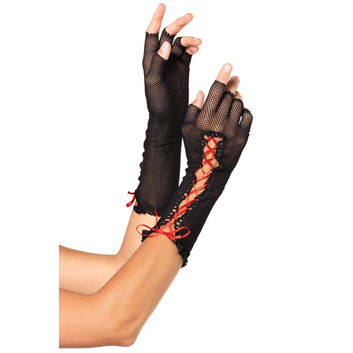 Schwarze halblange fingerlose Netzhandschuhe mit Schnürung von Leg Avenue | Fesselliebe.de