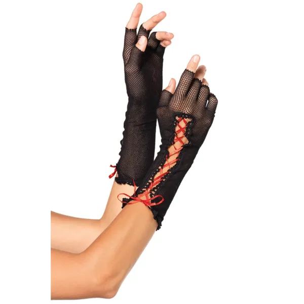Schwarze halblange fingerlose Netzhandschuhe mit Schnürung von Leg Avenue | Fesselliebe.de