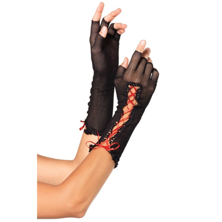 Schwarze halblange fingerlose Netzhandschuhe mit Schnürung von Leg Avenue | Fesselliebe.de
