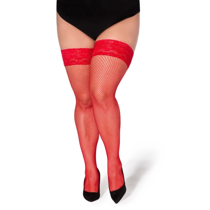 Halterlose Netz-Strümpfe Christina rot von Legg Story XTra Size | Fesselliebe.de