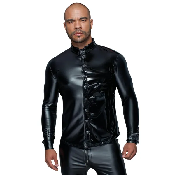 Langärmliges Powerwetlook & PVC Shirt mit Knopfleiste H064 von Noir Handmade MissBehaved Collection | Fesselliebe.de