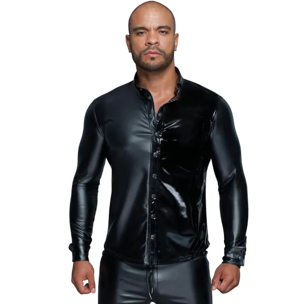 Langärmliges Powerwetlook & PVC Shirt mit Knopfleiste H064 von Noir Handmade MissBehaved Collection | Fesselliebe.de